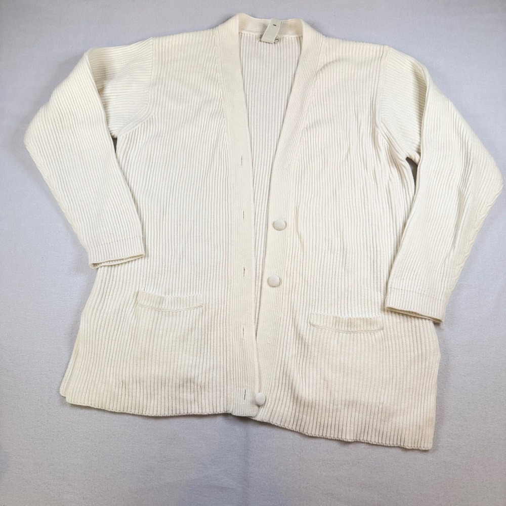 Yarnworks Womens Ivory Rib Knit Button Front Cardigan Sweater Pockets Large